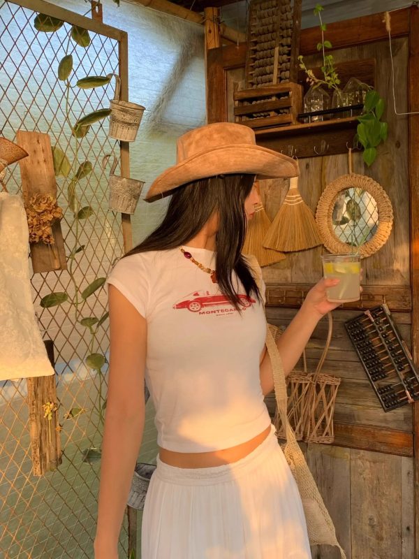 Korean Style Retro Car Print Short-Sleeve Fitted Slim Pure Cotton High-Stretch T-Shirt for Women