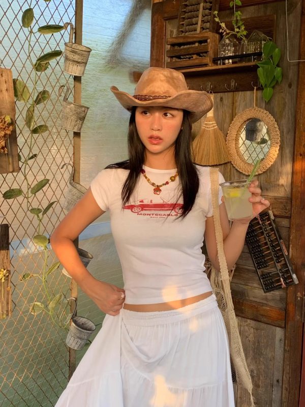 Korean Style Retro Car Print Short-Sleeve Fitted Slim Pure Cotton High-Stretch T-Shirt for Women