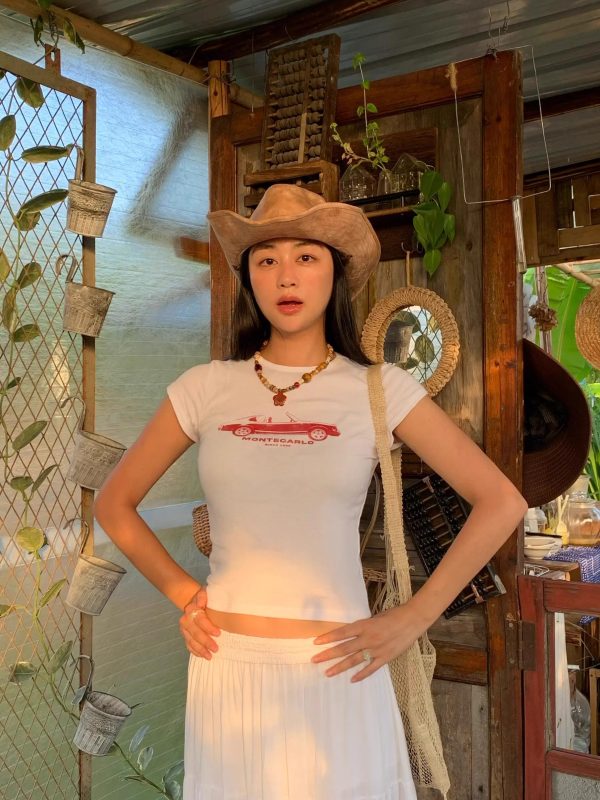 Korean Style Retro Car Print Short-Sleeve Fitted Slim Pure Cotton High-Stretch T-Shirt for Women