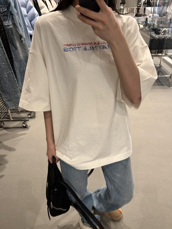 Korean Style Retro Distressed Letter Print Fitted Slim Cotton Short Sleeve T-Shirt - 25SS High-Stretch Fashion Top