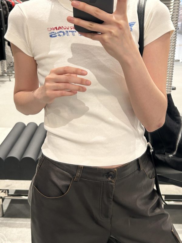 Korean Style Retro Distressed Letter Print Fitted Slim Cotton Short Sleeve T-Shirt - 25SS High-Stretch Fashion Top