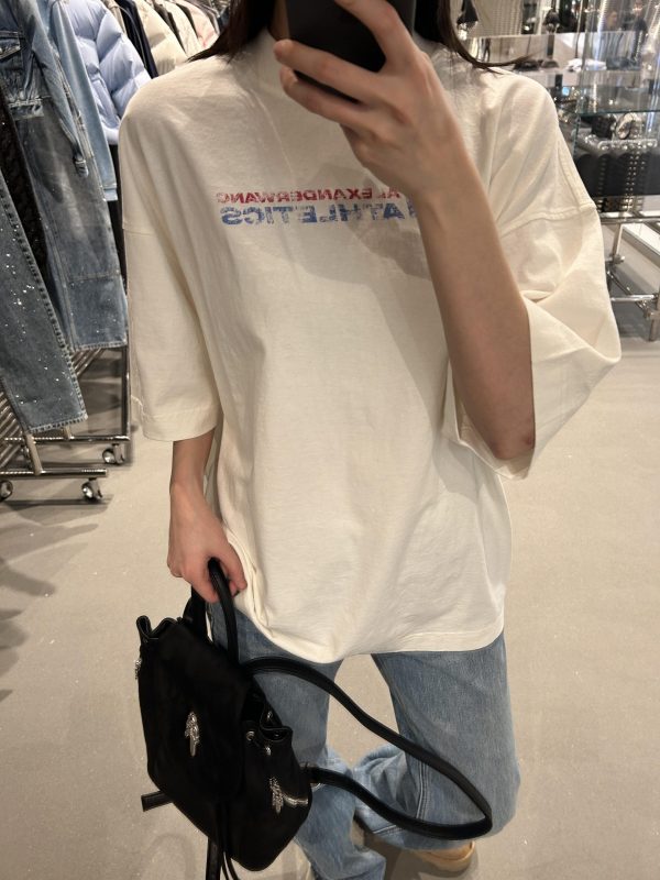 Korean Style Retro Distressed Letter Print Fitted Slim Cotton Short Sleeve T-Shirt - 25SS High-Stretch Fashion Top