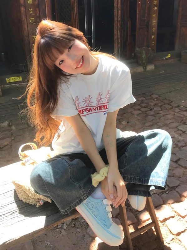 Korean-Style Retro Heavyweight T-Shirt for Women, Summer Sunflower Print, White Round Neck Short Sleeve, Loose Fit Top