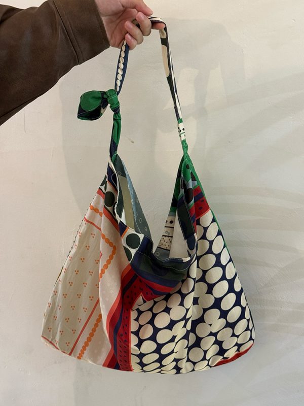Korean-Style Retro Patchwork Polka Dot Canvas Tote Bag for Women, Large-Capacity Ethnic Shoulder Crossbody Bag