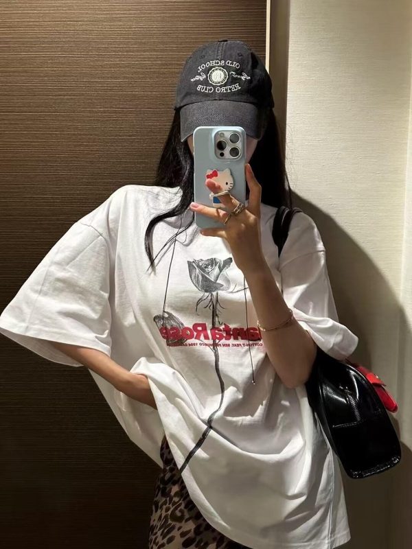 Korean Style Retro Rose Print Casual Loose Cotton Short Sleeve T-Shirt for Summer