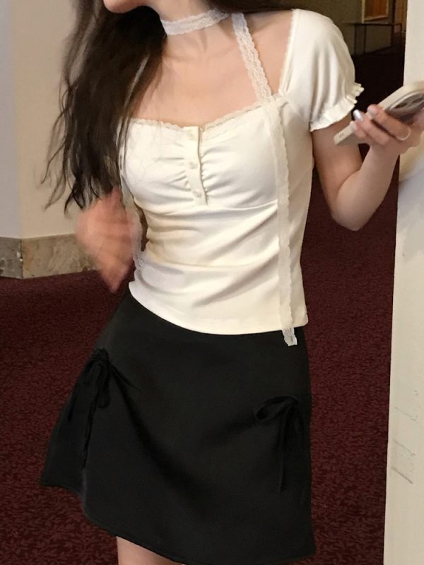 Korean Style Ruffled Short Sleeve Top & Bow Half-Length Skirt Set - Trendy Seoul Diary Look for Chic Fashionistas