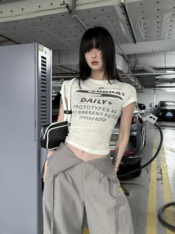 Korean Style Short Sleeve T-Shirt for Women, Slightly Sheer Bamboo Cotton, Sports Letter Print, Trendy Casual Top for Spicy Girls