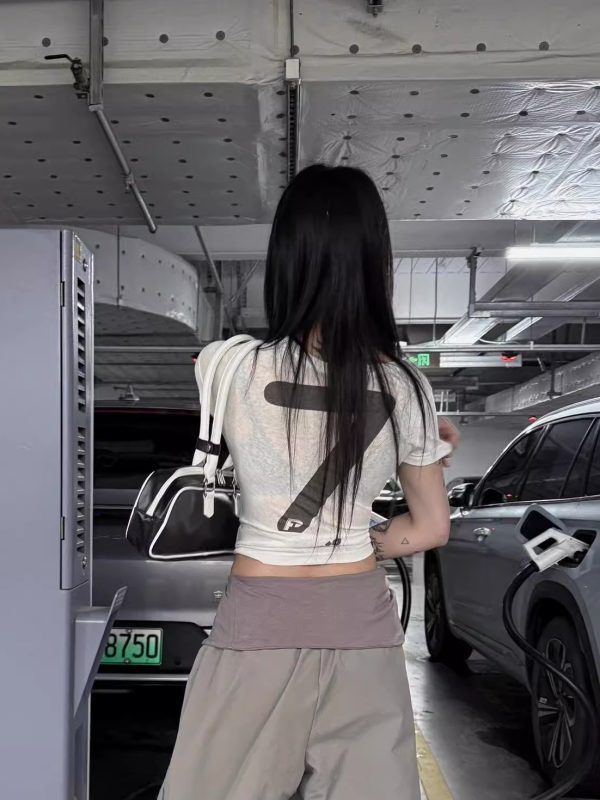 Korean Style Short Sleeve T-Shirt for Women, Slightly Sheer Bamboo Cotton, Sports Letter Print, Trendy Casual Top for Spicy Girls