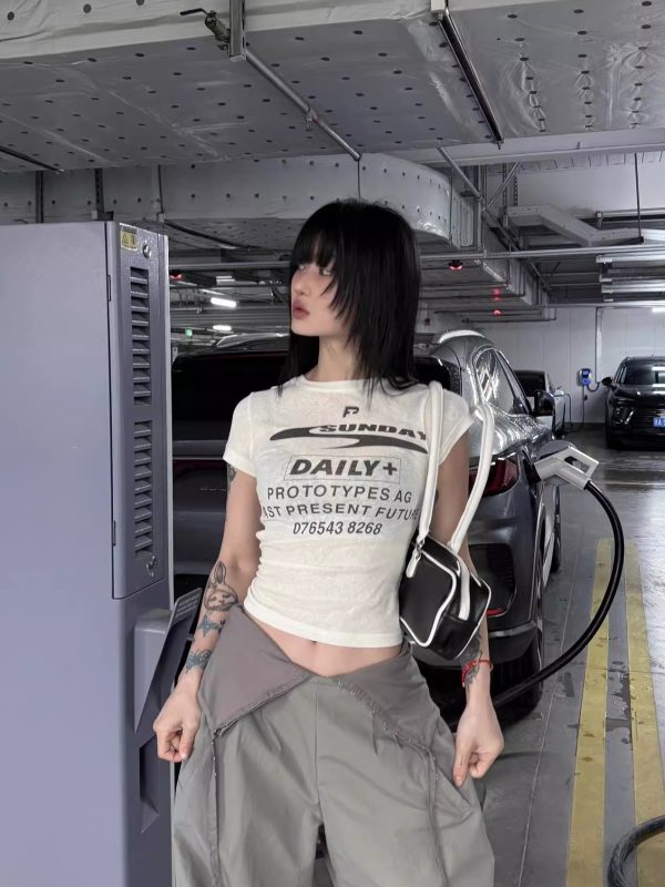 Korean Style Short Sleeve T-Shirt for Women, Slightly Sheer Bamboo Cotton, Sports Letter Print, Trendy Casual Top for Spicy Girls
