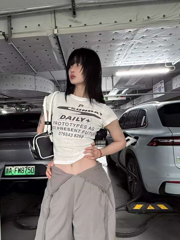Korean Style Short Sleeve T-Shirt for Women, Slightly Sheer Bamboo Cotton, Sports Letter Print, Trendy Casual Top for Spicy Girls
