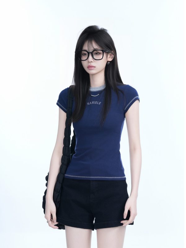 Korean Style Slim-Fit Short-Sleeve T-Shirt for Women - Sit and Eat Until the Mountains Are Empty, Waist-Defining Design, Round Neck
