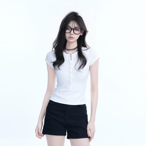 Korean Style Slim Fit Short Sleeve T-Shirt for Women with Half-Open Collar, Casual Mountain-Themed Base Shirt, Trendy Ins Fashion