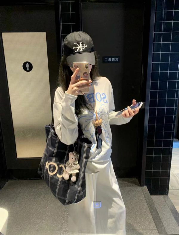 Korean-Style Striped Checkered Canvas Tote Bag, Large Capacity Casual Shoulder Bag for Everyday Use