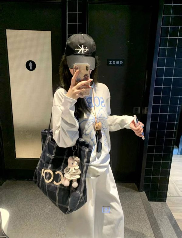 Korean-Style Striped Checkered Canvas Tote Bag, Large Capacity Casual Shoulder Bag for Everyday Use