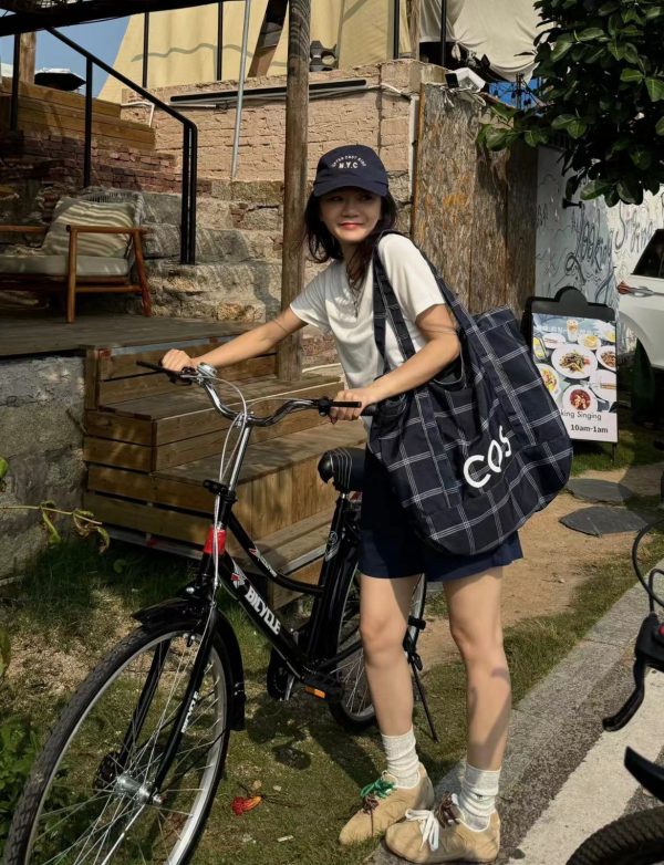 Korean-Style Striped Checkered Canvas Tote Bag, Large Capacity Casual Shoulder Bag for Everyday Use