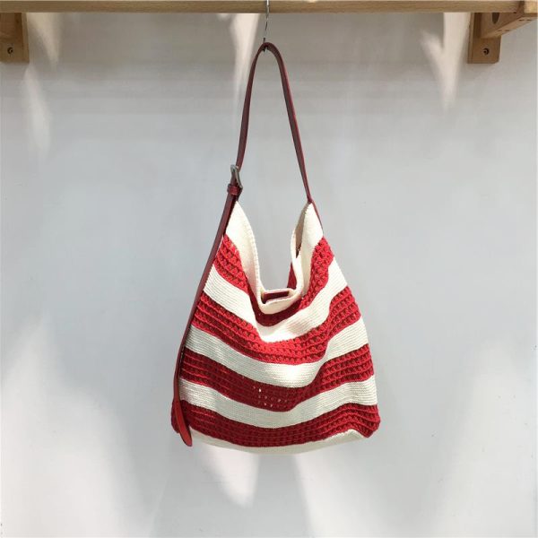 Korean Style Striped Color-Block Woven Tote Bag - Large Capacity Casual Versatile Shoulder Crossbody Bag