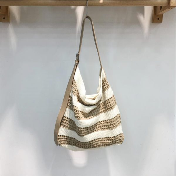Korean Style Striped Color-Block Woven Tote Bag - Large Capacity Casual Versatile Shoulder Crossbody Bag
