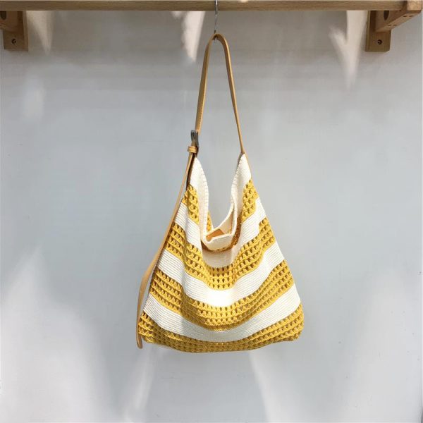Korean Style Striped Color-Block Woven Tote Bag - Large Capacity Casual Versatile Shoulder Crossbody Bag