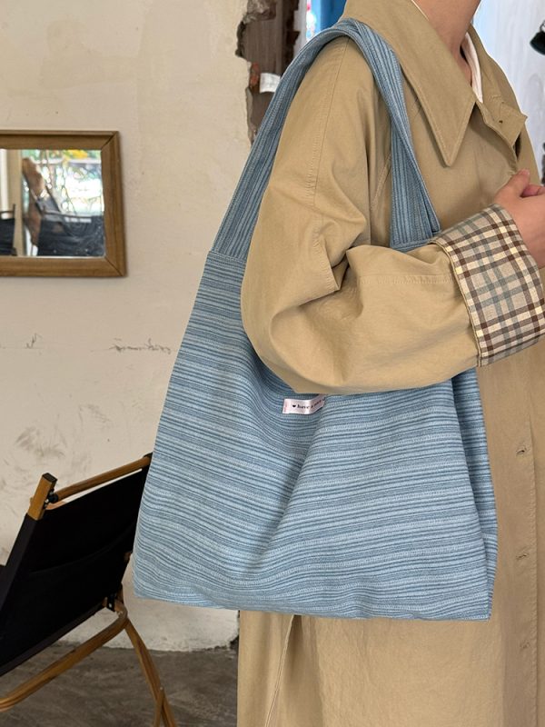 Korean-Style Striped Denim Tote Bag for Women - Large Capacity Shoulder Bag for Students and Commuters 2025