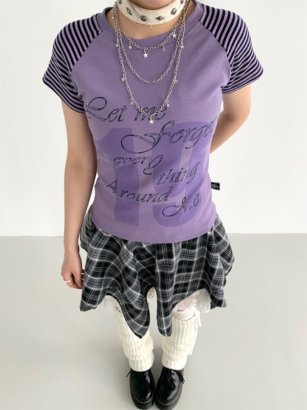 Korean Style Striped T-shirt for Women - Summer Spliced Raglan Sleeve Short Sleeve Top, Trendy Niche Fashion