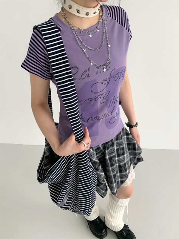Korean Style Striped T-shirt for Women - Summer Spliced Raglan Sleeve Short Sleeve Top, Trendy Niche Fashion