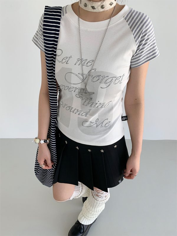 Korean Style Striped T-shirt for Women - Summer Spliced Raglan Sleeve Short Sleeve Top, Trendy Niche Fashion