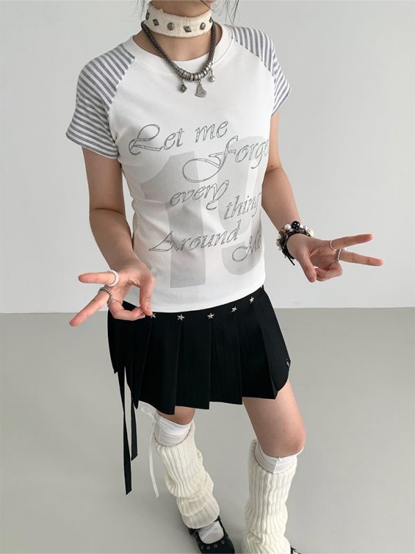 Korean Style Striped T-shirt for Women - Summer Spliced Raglan Sleeve Short Sleeve Top, Trendy Niche Fashion