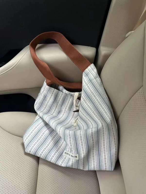 Korean-Style Striped Tote Bag for Women - Minimalist Large Capacity Color-Blocking Casual Canvas Commuter Bucket Bag
