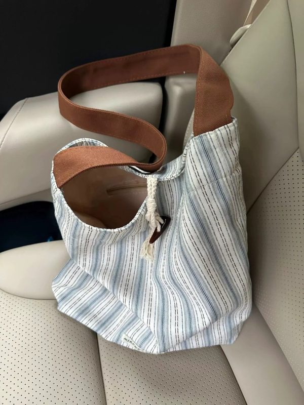 Korean-Style Striped Tote Bag for Women - Minimalist Large Capacity Color-Blocking Casual Canvas Commuter Bucket Bag