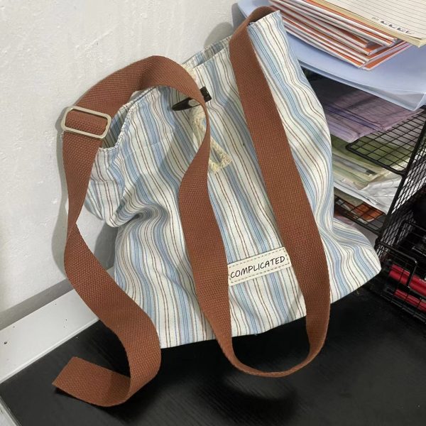 Korean-Style Striped Tote Bag for Women - Minimalist Large Capacity Color-Blocking Casual Canvas Commuter Bucket Bag