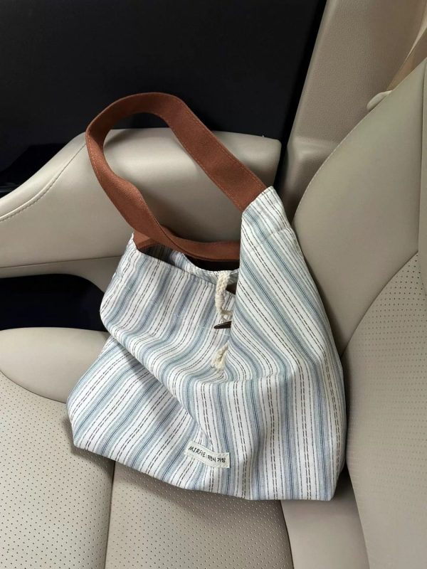Korean-Style Striped Tote Bag for Women - Minimalist Large Capacity Color-Blocking Casual Canvas Commuter Bucket Bag