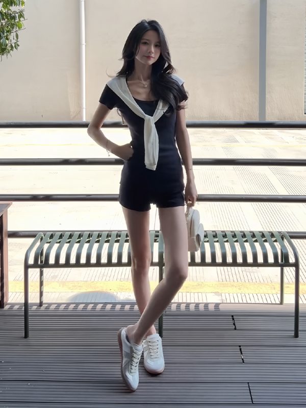 Korean Style Summer Three-Piece Set: Slim-Fit Short-Sleeve T-Shirt & Navy Blue Casual Shorts for Women