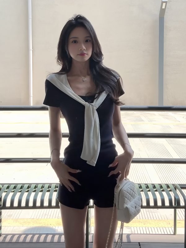 Korean Style Summer Three-Piece Set: Slim-Fit Short-Sleeve T-Shirt & Navy Blue Casual Shorts for Women