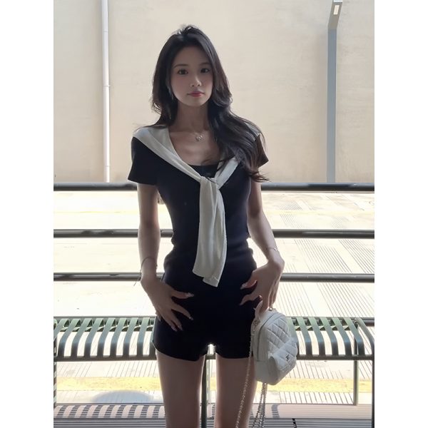 Korean Style Summer Three-Piece Set: Slim-Fit Short-Sleeve T-Shirt & Navy Blue Casual Shorts for Women