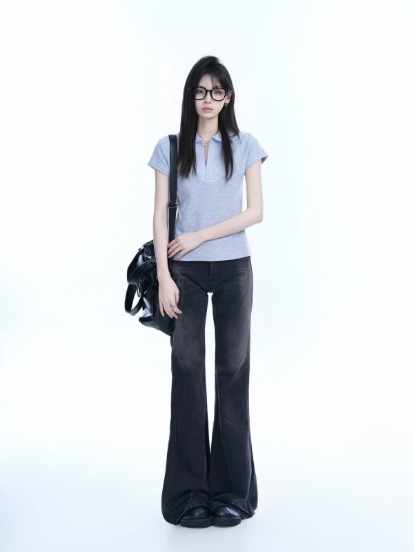 Korean-Style V-Neck Short Sleeve T-Shirt for Women - Slim Fit College Trendy Polo Top