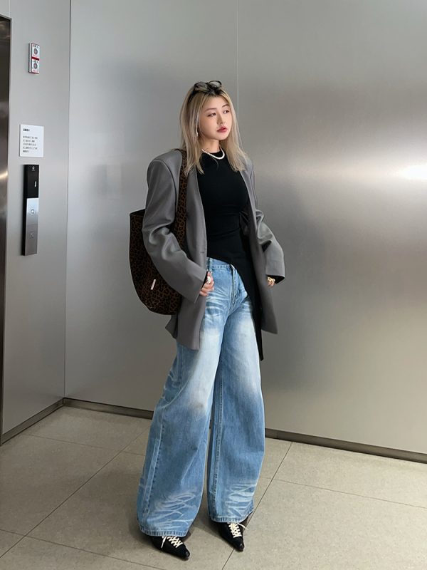 Korean-Style Washed High-Waisted Wide-Leg Jeans for Women, Loose Vintage Straight Pants, Spring Fashion Trousers