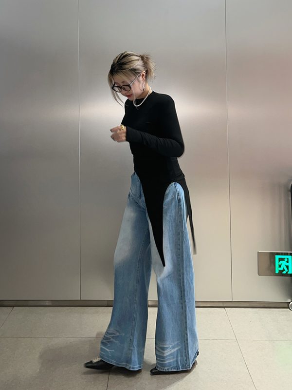 Korean-Style Washed High-Waisted Wide-Leg Jeans for Women, Loose Vintage Straight Pants, Spring Fashion Trousers