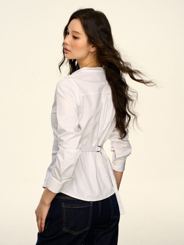 Korean-Style White V-Neck Long Sleeve Shirt for Women - Sexy Waist-Cinching Slim Fit Spring Autumn Top