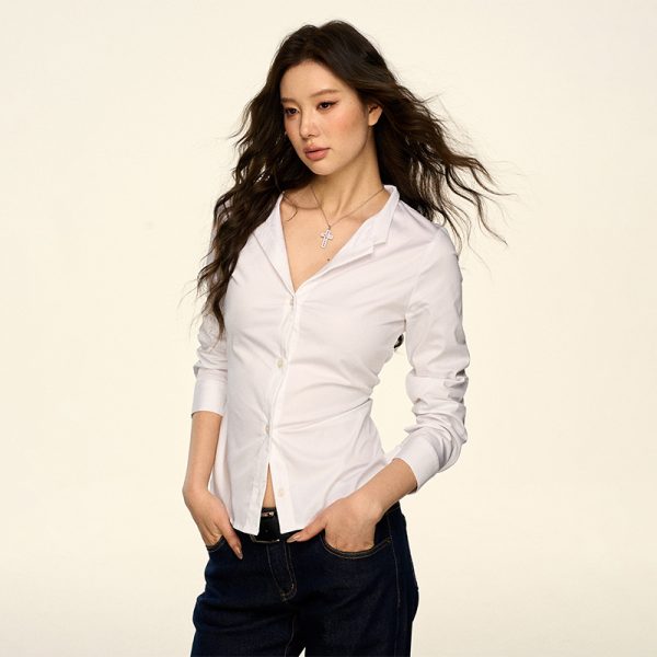 Korean-Style White V-Neck Long Sleeve Shirt for Women - Sexy Waist-Cinching Slim Fit Spring Autumn Top
