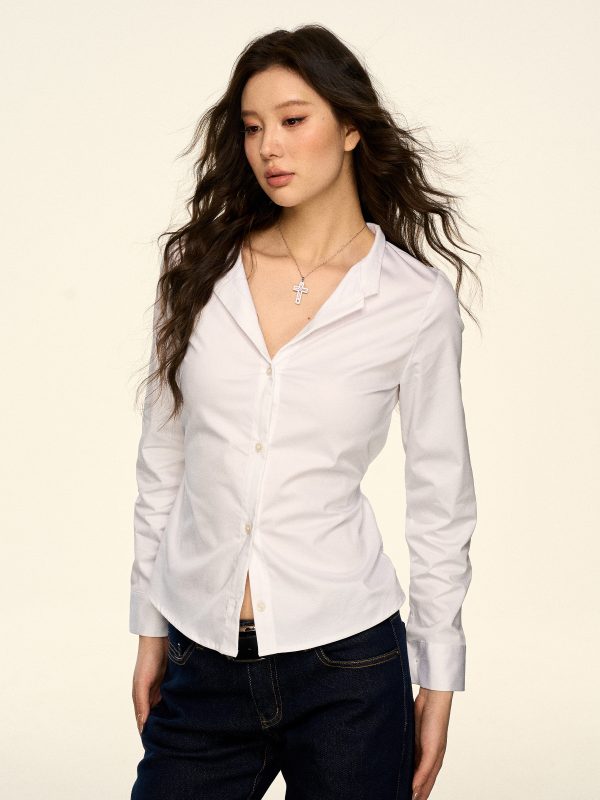Korean-Style White V-Neck Long Sleeve Shirt for Women - Sexy Waist-Cinching Slim Fit Spring Autumn Top