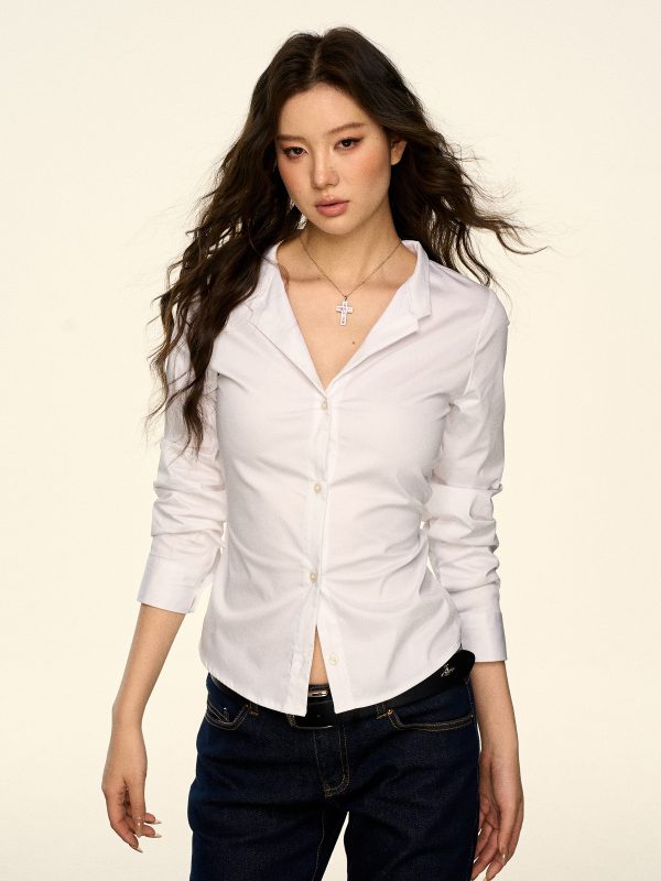 Korean-Style White V-Neck Long Sleeve Shirt for Women - Sexy Waist-Cinching Slim Fit Spring Autumn Top