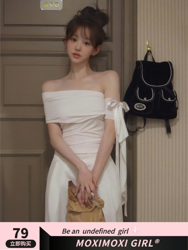 Korean Style Women's One-Shoulder Ruffle Lace Short Sleeve T-shirt - Summer Holiday White Top for Instagram Ready Looks