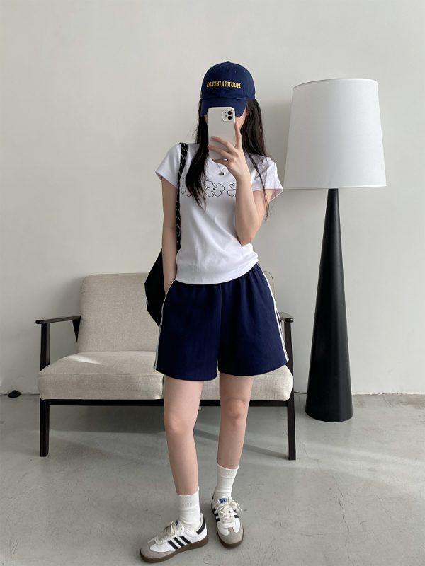 Korean Style Women's Summer Casual Striped Sports Shorts - Sun Grapefruit Straight-Leg Five-Point Sweatpants
