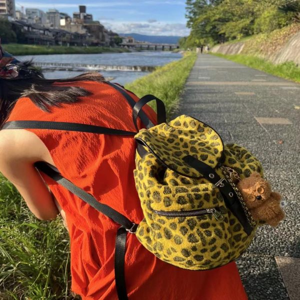 Korean Style Wool Leopard Print Double Shoulder Women's Backpack, Versatile Large Capacity Commuter Bag for Students