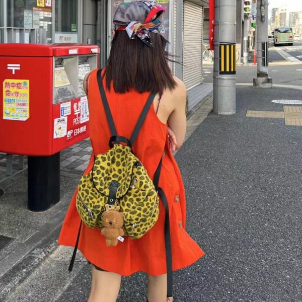 Korean Style Wool Leopard Print Double Shoulder Women's Backpack, Versatile Large Capacity Commuter Bag for Students
