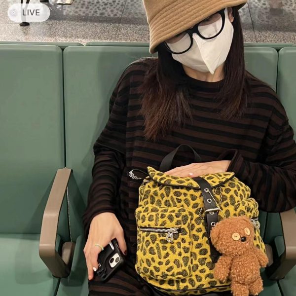 Korean Style Wool Leopard Print Double Shoulder Women's Backpack, Versatile Large Capacity Commuter Bag for Students