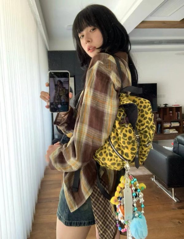 Korean Style Wool Leopard Print Double Shoulder Women's Backpack, Versatile Large Capacity Commuter Bag for Students