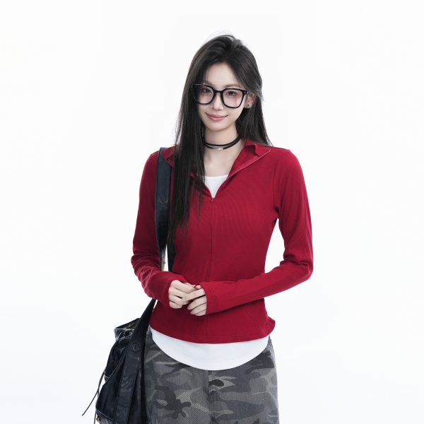 Korean Style Zipper Knitted Long Sleeve T-Shirt - Slim Fit Fake Two-Piece Design with Flattering Base for Spring Fashion