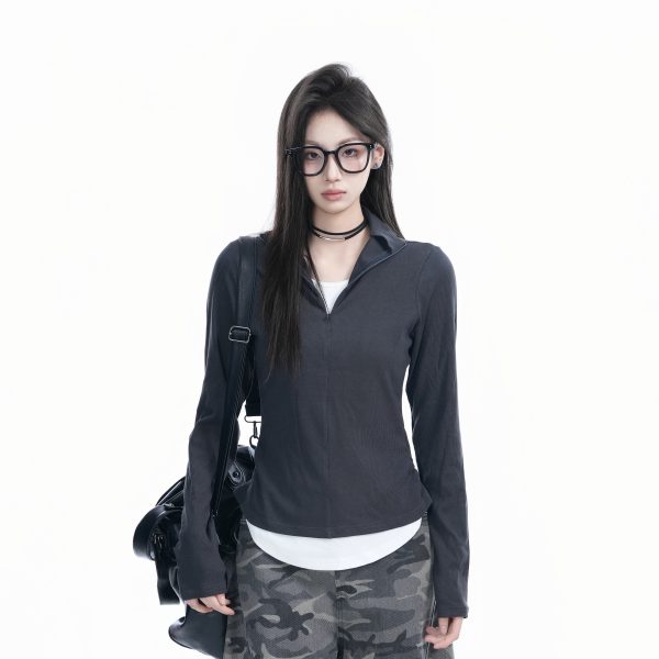Korean Style Zipper Knitted Long Sleeve T-Shirt - Slim Fit Fake Two-Piece Design with Flattering Base for Spring Fashion
