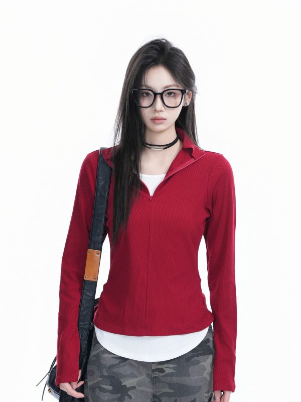 Korean Style Zipper Knitted Long Sleeve T-Shirt - Slim Fit Fake Two-Piece Design with Flattering Base for Spring Fashion